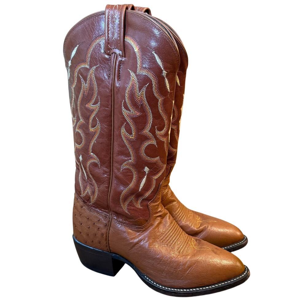 VTG Tony Lama Ostrich Leather Western Boots Embroidered Cowboy USA Made Men's 7D